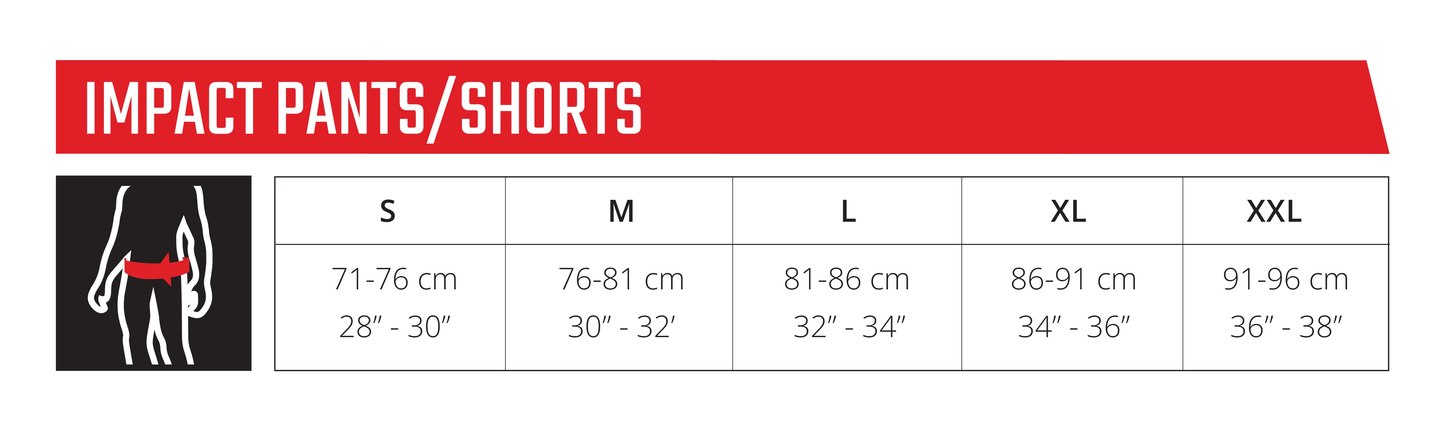 Impact Pants shorts size chart