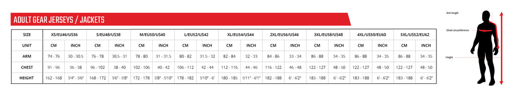 Adult jersey and jacket size chart