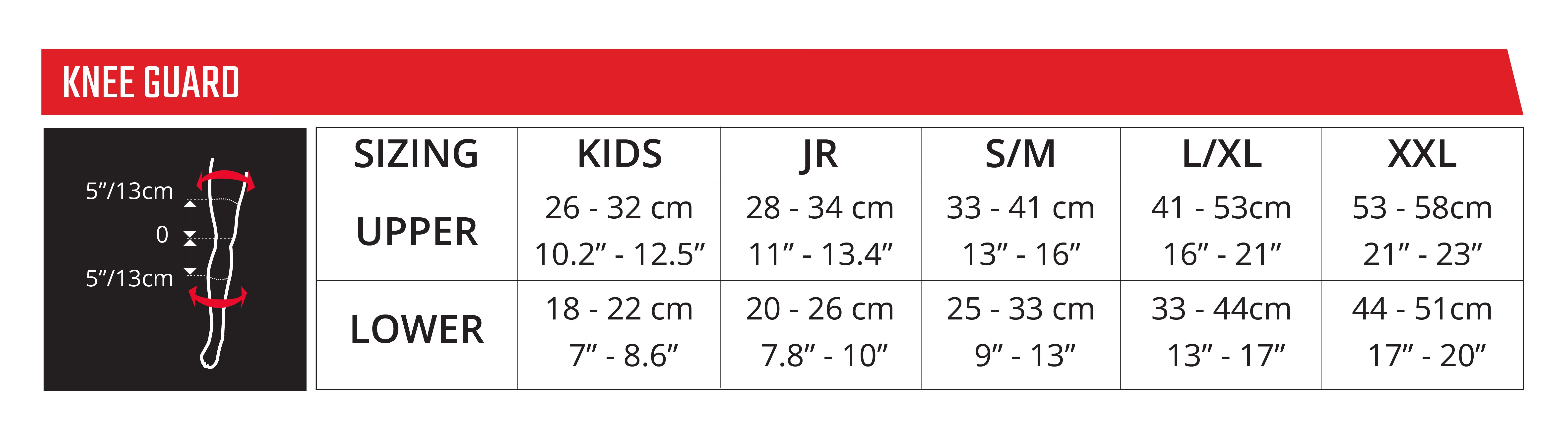Knee Guard Sizing Chart for Dual Axis Enduro Hybrid models