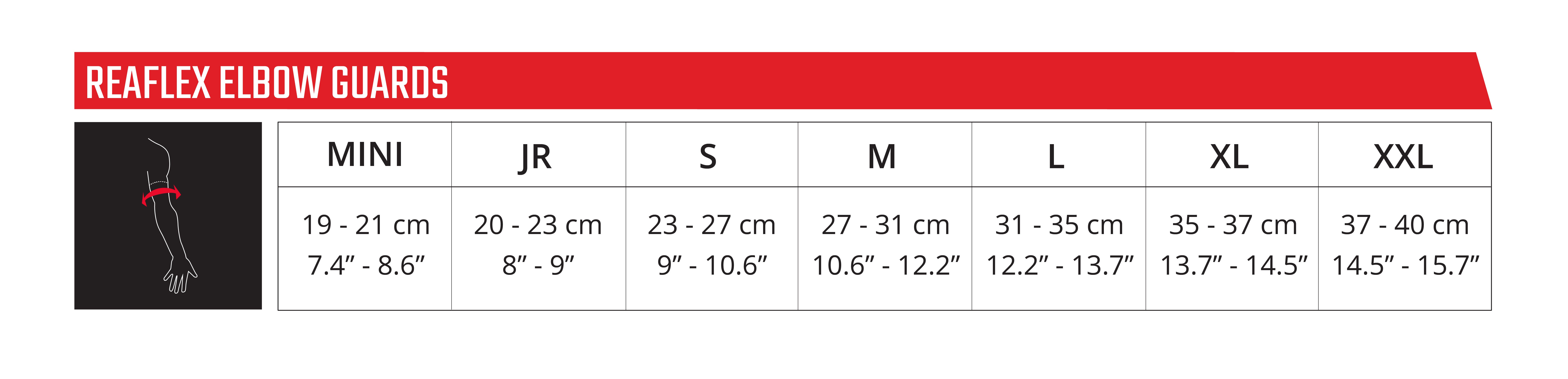 Reaflex elbow guard size chart